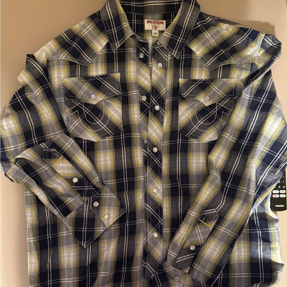 True Religion Blue and Yellow Plaid Casual Long Sleeve Shirt